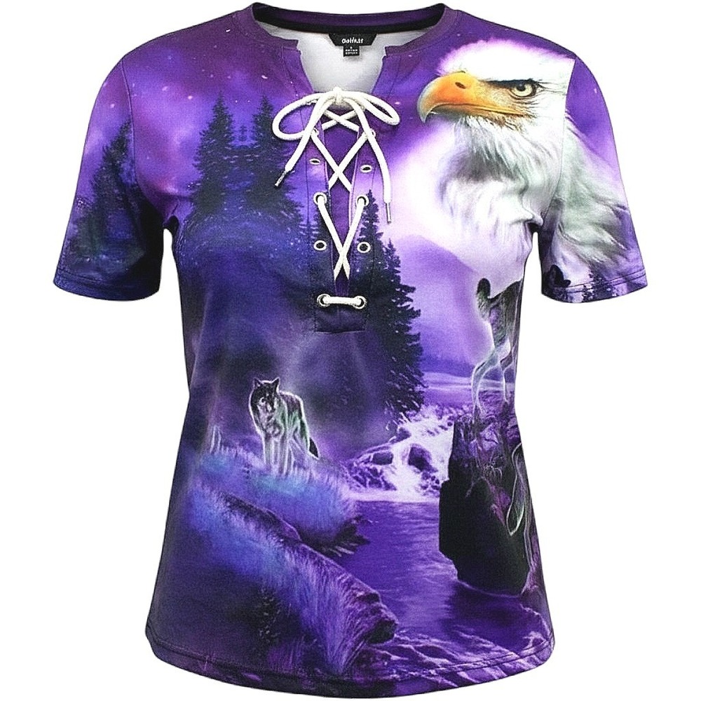 Ouku Women‎ XL Purple Wolf Eagle Galaxy Graphic Lace Up V-Neck T-Shirt New